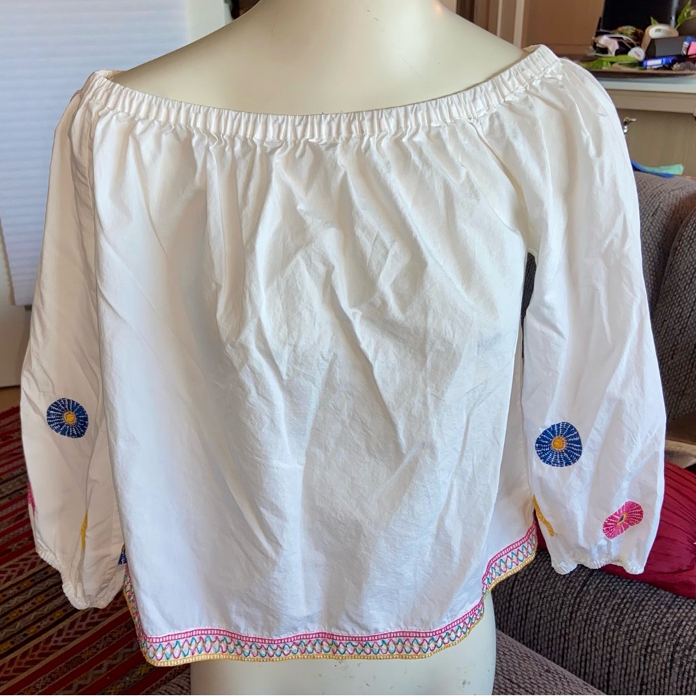 NWOT Madewell 3/4 Sleeve Off-Shoulder White Cropped Embroidered Top, Sz S